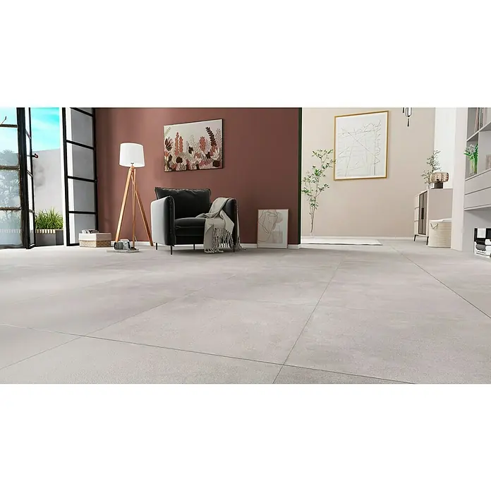 Terrassenfliese Click and Go Square Concrete - 60 x 60 cm, Grau, Matt - Das Bild zeigt ein stilvolles Wohnzimmer mit modernen Bodenfliesen, die dem Raum eine elegante Note verleihen.