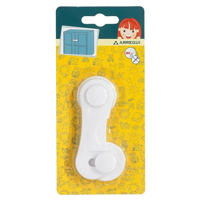Arregui Cierre para muebles A-1044040 - L x An: 10 x 4 cm, Blanco - En el empaque se muestra un cierre de armario Arregui blanco, diseñado para la seguridad infantil.