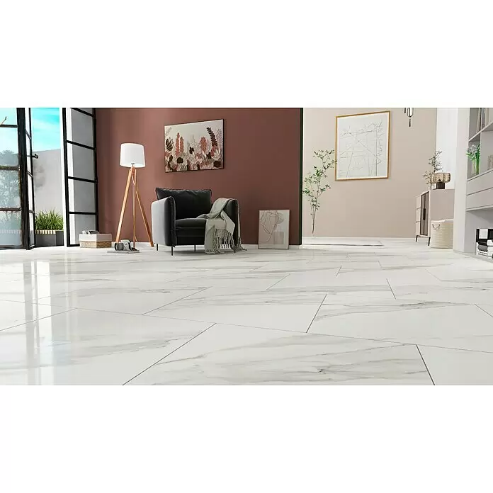 Feinsteinzeugfliese Torino Bianco - 60 x 60 cm, Weiß/Grau, Glänzend - Stimmungsaufnahme
