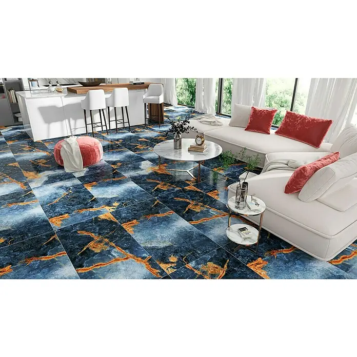 Feinsteinzeugfliese Marmor Marvella - 60 x 120 cm, Anthrazit/Blau, Glänzend - Elegante Bodenfliesen in Blau und Gold mit Marmoroptik verleihen dem Raum eine luxuriöse Note und schaffen eine stilvolle Atmosphäre.