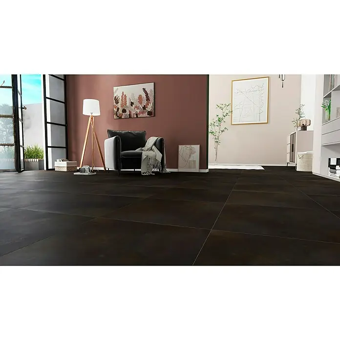 Feinsteinzeugfliese Metallo Ferro - 60 x 60 cm, Schwarz, Matt - Das Bild zeigt eine moderne Bodenfliese in einem stilvollen Wohnraum, die eine elegante und zeitgemäße Atmosphäre schafft.