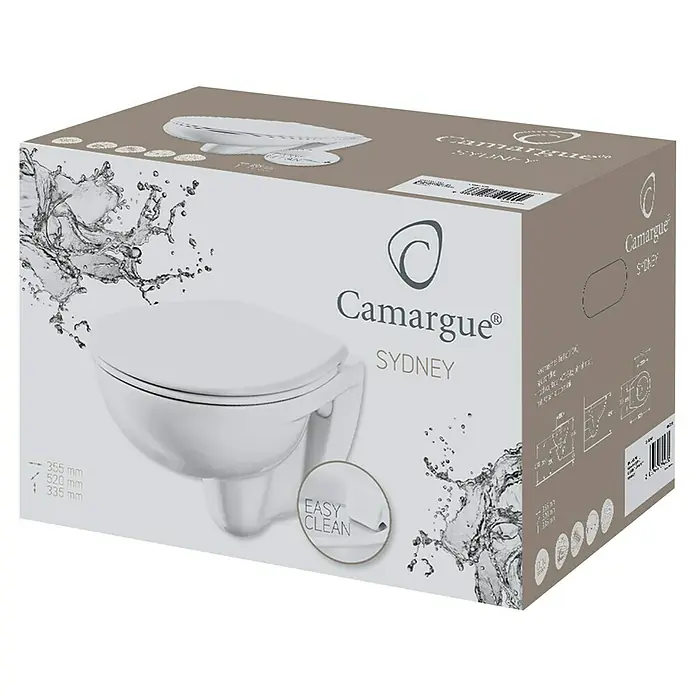 Camargue Sydney Wand-WC-Set - Spülrandlos, Ohne Spezialglasur, Spülform: Tief, WC Abgang: Waagerecht, Weiß - Eine Packung Camargue Sydney Wand-Tiefspül-WC mit den Maßen 355 mm x 520 mm x 335 mm, mit dem Hinweis "Leicht zu reinigen".