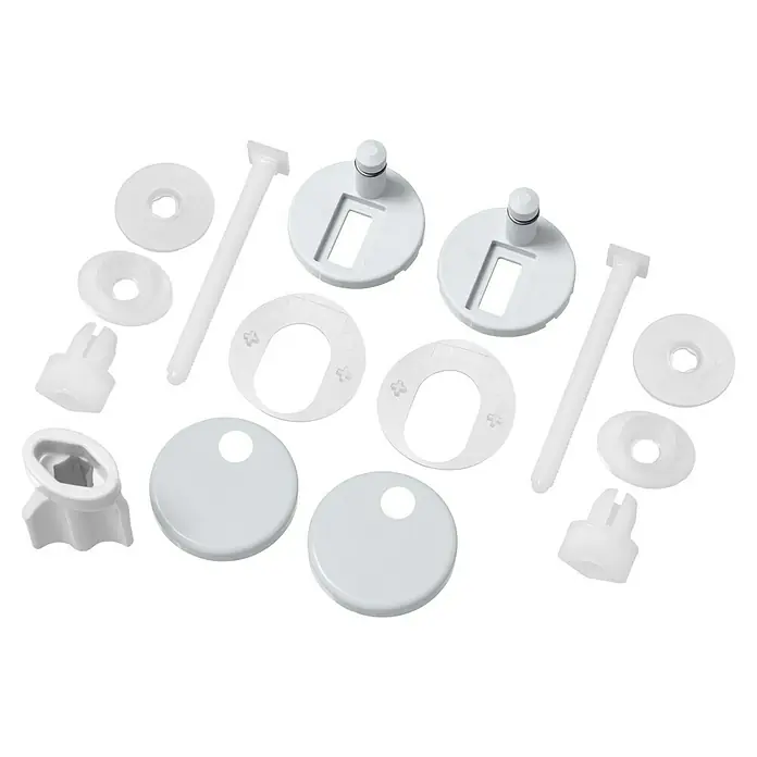 Poseidon WC-Sitz Cats - Duroplast, Weiß/Schwarz, Mit Absenkautomatik - Nahaufnahme von weißen Toilettensitzbeschlägen, einschließlich Scharnieren, Schrauben und Abdeckungen, die auf einem schwarzen Hintergrund angeordnet sind.