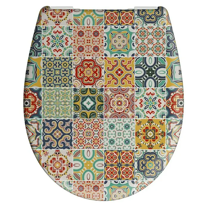 Poseidon WC-Sitz VintageDuroplast, Bunt, Mit Absenkautomatik - Buntes Toilettensitz mit quadratischem Fliesenmuster. Dekorativer WC-Sitz für ein stilvolles Badezimmer mit farbenfrohem Design.