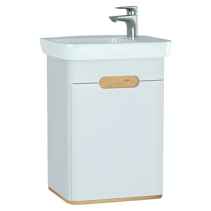 VitrA Sento Badmöbel-Set - Gesamtbreite Badmöbel: 50 cm, Weiß, Matt, DIN Anschlag: Links - Weißer Badschrank mit Keramikwaschbecken, Chromarmatur und hellem Holzgriff und Sockel.
