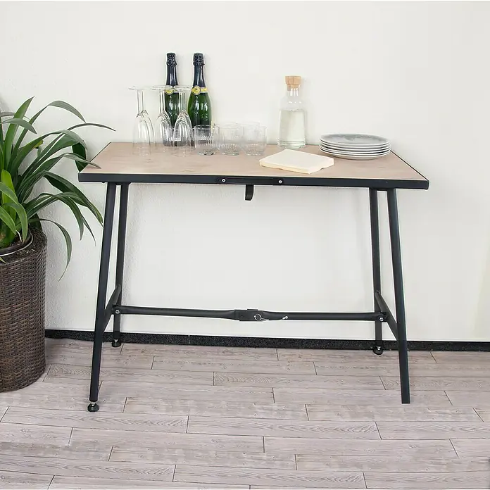 Rikta Werkbank klappbar - L x B: 100,5 x 50,6 cm, Arbeitshöhe: 84 cm, Belastbarkeit: 150 kg, Schwarz, Holz - Elegantes Servierwagen-Design mit Tischplatte in Holzoptik, ideal für stilvolle Präsentation von Getränken und Speisen.