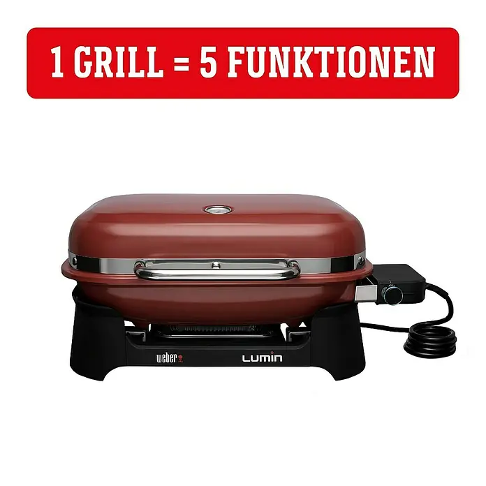 Weber Elektrogrill Lumin - Grillfläche (B x T): 49 x 33 cm, 2.200 W, Rot - Weber Lumin Elektrogrill in Rotbraun mit dem Text "1 Grill = 5 Funktionen" für vielseitiges Grillen im Freien.