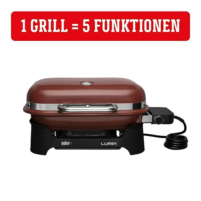 Weber Elektrogrill Lumin Compact - Grillfläche (B x T): 43 x 28 cm, 2.200 W, Rot - Abbildung eines roten Weber Lumin Elektrogrills mit der Aufschrift "1 Grill = 5 Funktionen".