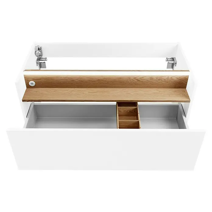 Camargue Nature Badmöbel-Set NA101D - 100 cm, Weiß, 2 Hahnlöcher - Ein offener Badezimmerschrank mit einer weißen Schublade, einem Holzregal und einem Organizer. Der Fokus liegt auf der praktischen Anordnung.