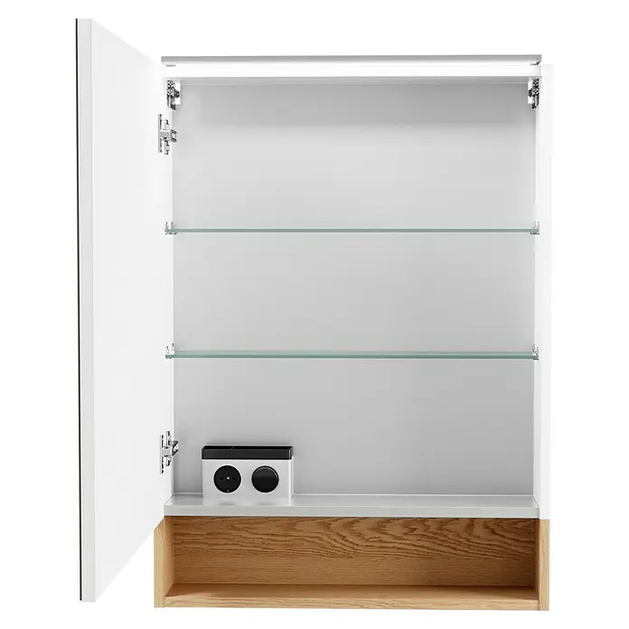 Camargue Nature Badmöbel-Set NA62L - Gesamtbreite Badmöbel: 60 cm, DIN Anschlag: Links, Weiß, Matt - Offener Badezimmerschrank mit weißen Regalen und Holzdetails für eine stilvolle Aufbewahrung im Bad.