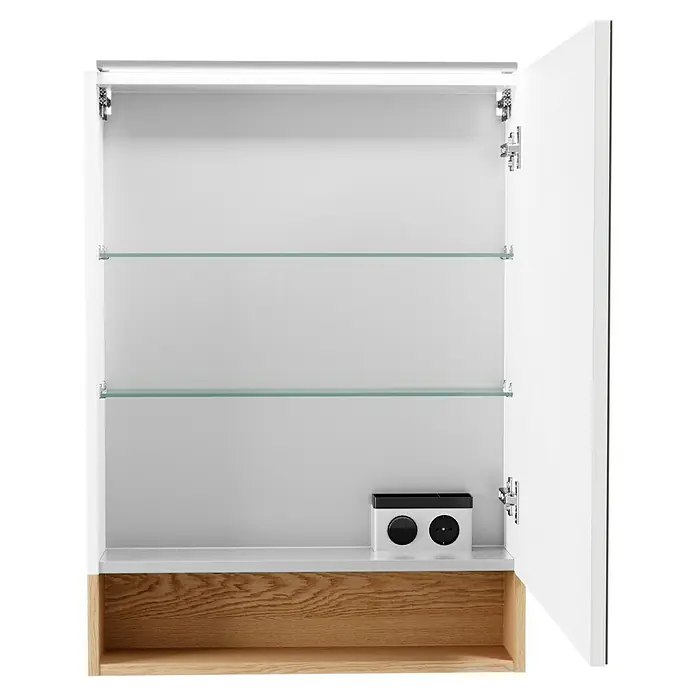 Camargue Nature Badmöbel-Set NA62R - Gesamtbreite Badmöbel: 60 cm, DIN Anschlag: Rechts, Weiß, Matt - Ein offener Spiegelschrank mit Regalen, Beleuchtung und Steckdosen, ideal für das Badezimmer.