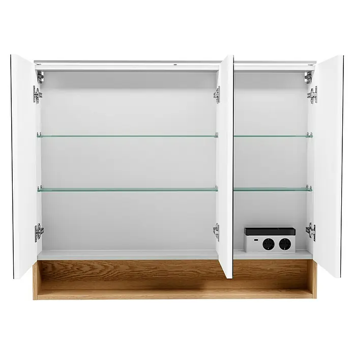 Camargue Nature Badmöbel-Set NA102D - 100 cm, Weiß, 2 Hahnlöcher - Offener Badezimmerschrank mit Glasablagen und einer Steckdose. Der Schrank hat weiße Türen und einen Holzsockel.