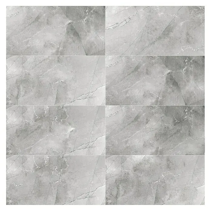 Feinsteinzeugfliese Pulpis - 60 x 120 cm, Grau, Glänzend - Nahaufnahme von grauem Marmorfliesen, die eine elegante und robuste Option für Boden- und Wandbeläge bieten.