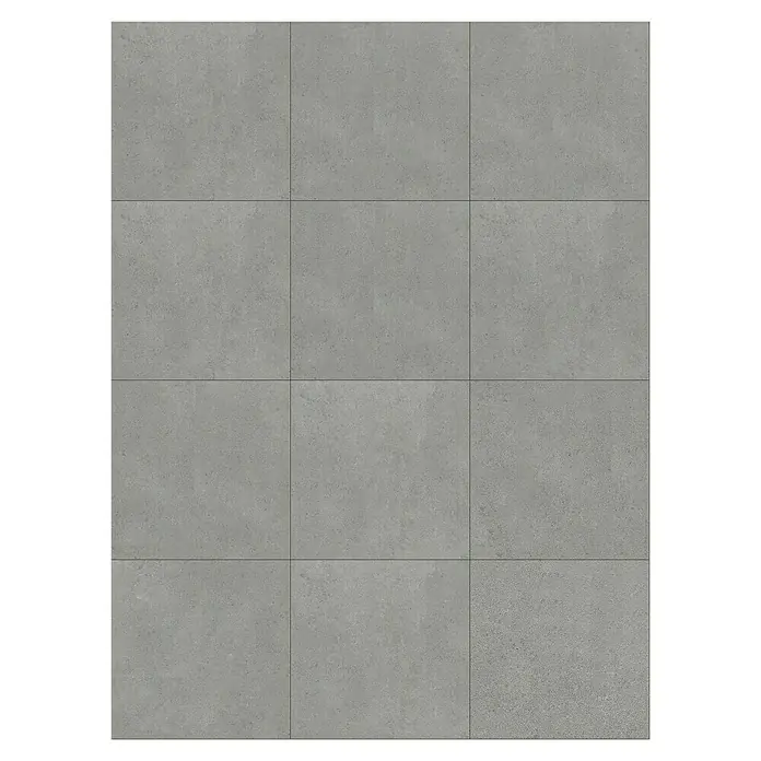 Feinsteinzeugfliese Serpico - 59,5 x 59,5 cm, Coolgrey, Glänzend - Bodenfliesen aus grauem Beton, angeordnet in einem regelmäßigen Rastermuster für moderne Innenräume.