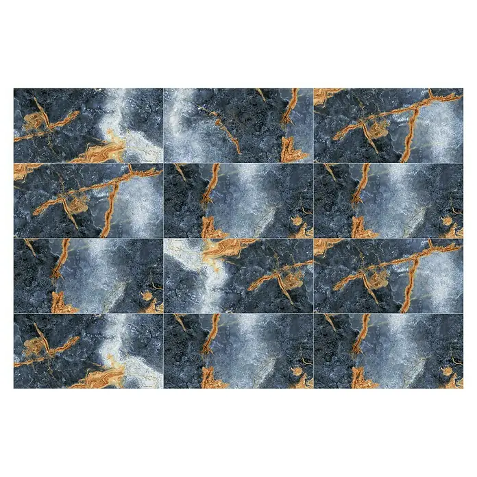 Feinsteinzeugfliese Marmor Marvella - 60 x 120 cm, Anthrazit/Blau, Glänzend - Nahaufnahme von polierten Marmorfliesen mit faszinierenden grauen und goldenen Adern für ein luxuriöses und elegantes Design.