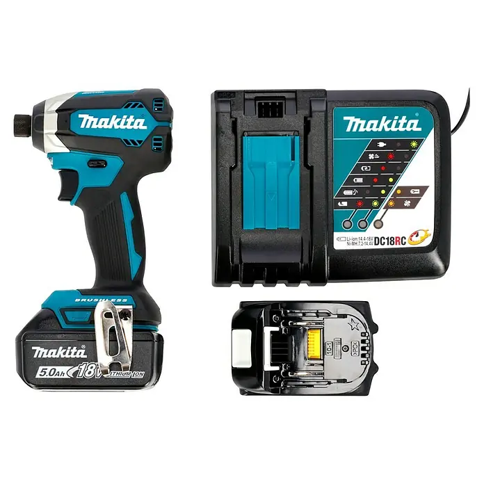 Makita LXT 18V Akku-Schlagschrauber DTD153RTJ - 18 V, 2 Akkus, 5 Ah, 170 Nm - Abbildung eines Makita Akku-Schlagschraubers mit Akku und Ladegerät.