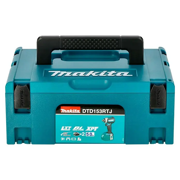 Makita LXT 18V Akku-Schlagschrauber DTD153RTJ - 18 V, 2 Akkus, 5 Ah, 170 Nm - Abbildung einer Makita DTD153RTJ Werkzeugkiste in blaugrüner Farbe mit dem Makita-Logo und einem schwarzen Tragegriff.