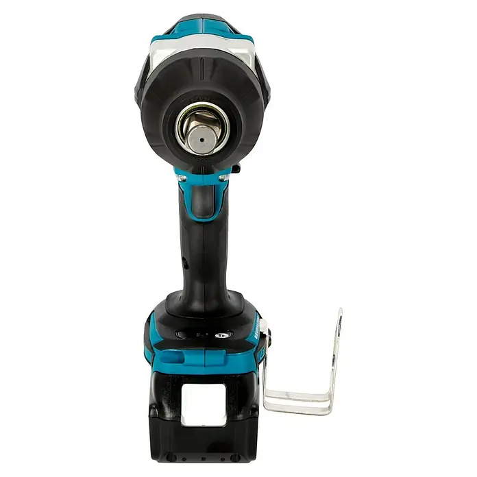 Makita LXT 18V Akku-Schlagschrauber DTD153RTJ - 18 V, 2 Akkus, 5 Ah, 170 Nm - Nahaufnahme eines Makita-Schlagschraubers mit blaugrünen Akzenten und einem robusten Design, das auf Leistung ausgelegt ist.