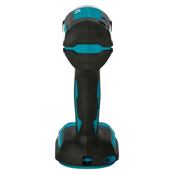 Makita LXT 18V Llave de impacto de batería DTD153Z - 18 V, Sin batería, 170 Nm - Primer plano de un atornillador de impacto inalámbrico negro y turquesa, que muestra un diseño robusto y una calidad profesional para proyectos de construcción.