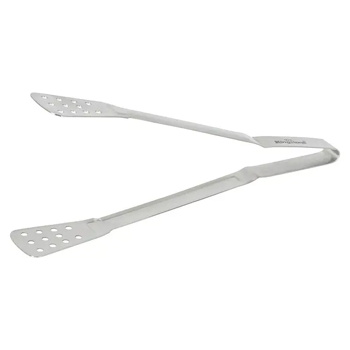 Kingstone Grillbesteck - 2 -tlg., Edelstahl - Aufnahme einer silberfarbenen Kingston Küchenzange mit einem schlichten und eleganten Design vor einem schwarzen Hintergrund.