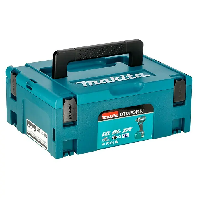 Makita LXT 18V Akku-Schlagschrauber DTD153RTJ - 18 V, 2 Akkus, 5 Ah, 170 Nm - Makita DTD153RTJ Werkzeugkoffer in Türkis mit schwarzem Tragegriff. Ideal für Handwerker und Heimwerker zur Aufbewahrung von Werkzeugen.
