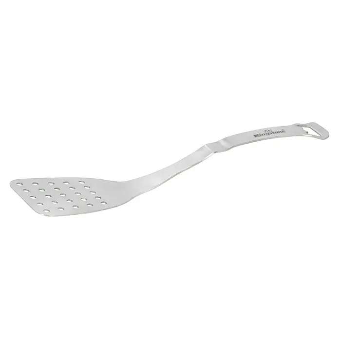 Kingstone Grillbesteck - 2 -tlg., Edelstahl - Abgebildet ist ein Kingston Küchenspatel aus Metall mit Löchern und einem gebogenen Griff mit Kingston Logo für komfortables Kochen.