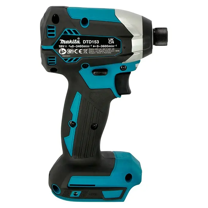 Makita LXT 18V Akku-Schlagschrauber DTD153Z - 18 V, Ohne Akku, 170 Nm - Nahaufnahme eines Makita DTD153 Akku-Schlagschraubers in Schwarz und Türkis, ideal für professionelle Anwendungen.