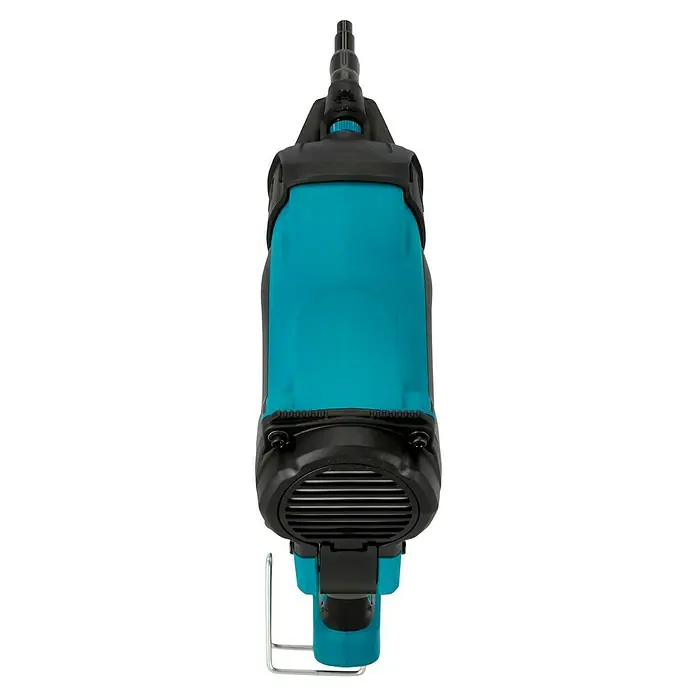 Makita Akku-Gasnagler GN420CLSE - 7,2 V, 2 Akkus, Länge Nagel: 15 mm - 40 mm - Detailaufnahme eines türkisfarbenen Werkzeugs mit schwarzem Griff und Metallelementen, das für Bau- oder Reparaturarbeiten verwendet wird.