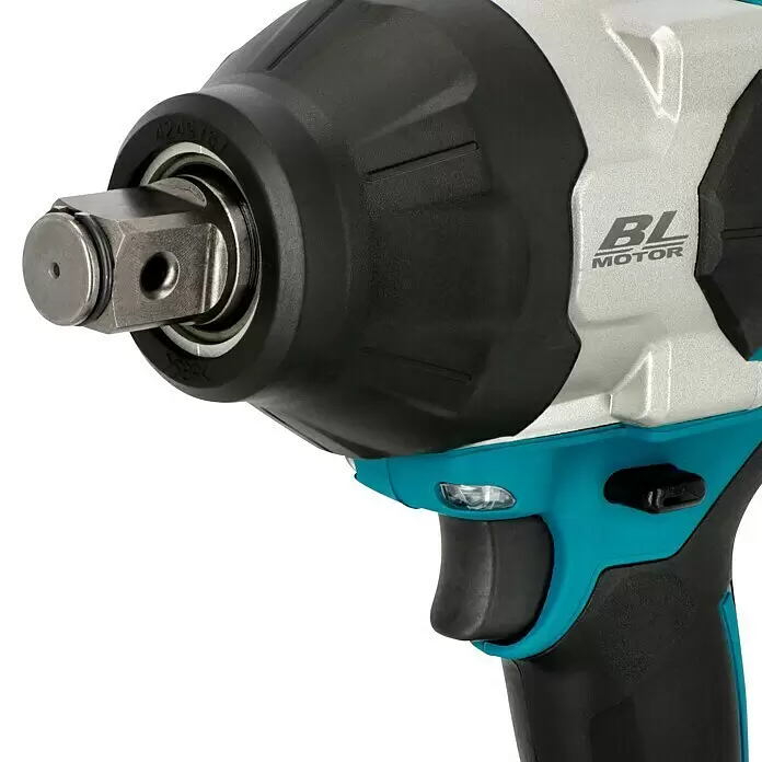 Makita LXT 18V Akku-Schlagschrauber DTW1001Z - 18 V, Ohne Akku, 1.700 Nm - Nahaufnahme eines türkis-schwarzen und silbernen Akku-Schlagschraubers mit Vierkantantrieb, BL-Motor-Logo, Abzug und LED-Licht.