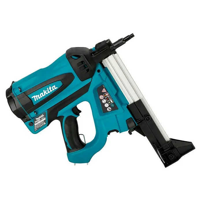 Makita Akku-Gasnagler GN420CLSE - 7,2 V, 2 Akkus, Länge Nagel: 15 mm - 40 mm - Makita GNA420C Akku-Stauchkopfnagler mit blau-schwarzem Gehäuse und silbernem Magazin für präzise Befestigungen.