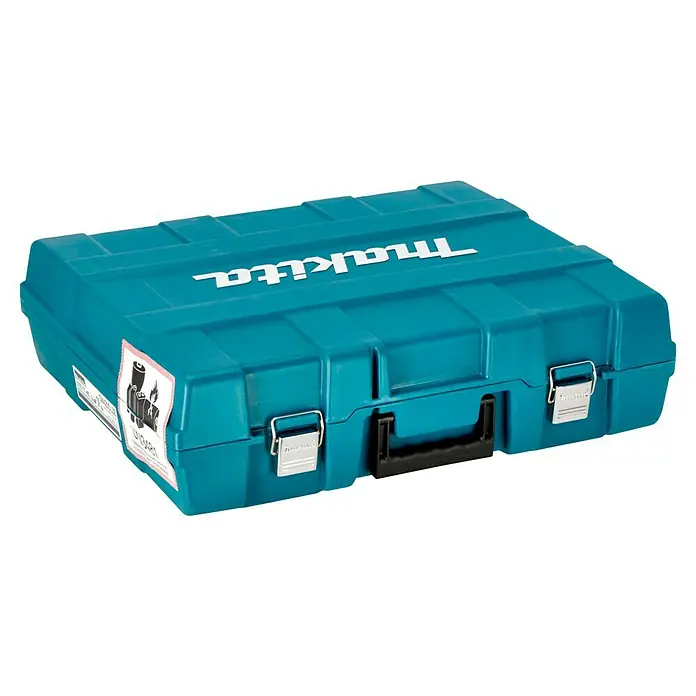 Makita Akku-Gasnagler GN420CLSE - 7,2 V, 2 Akkus, Länge Nagel: 15 mm - 40 mm - Bild einer türkisfarbenen Makita Werkzeugkiste, die mit einem schwarzen Griff und Metallverschlüssen versehen ist.