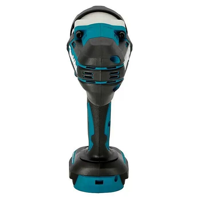 Makita LXT 18V Llave de impacto de batería DTW1001Z - 18 V, Sin batería, 1.700 Nm - Vista trasera de un atornillador de impacto inalámbrico Makita negro y turquesa.