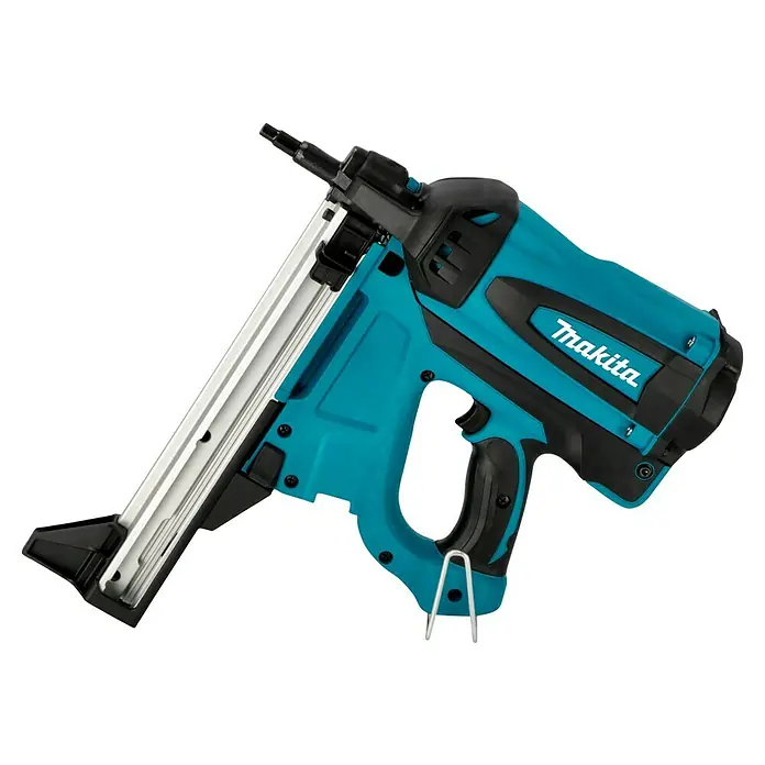 Makita Akku-Gasnagler GN420CLSE - 7,2 V, 2 Akkus, Länge Nagel: 15 mm - 40 mm - Nahaufnahme eines Makita-Akku-Stiftnaglers, ideal für präzise Befestigungsarbeiten.