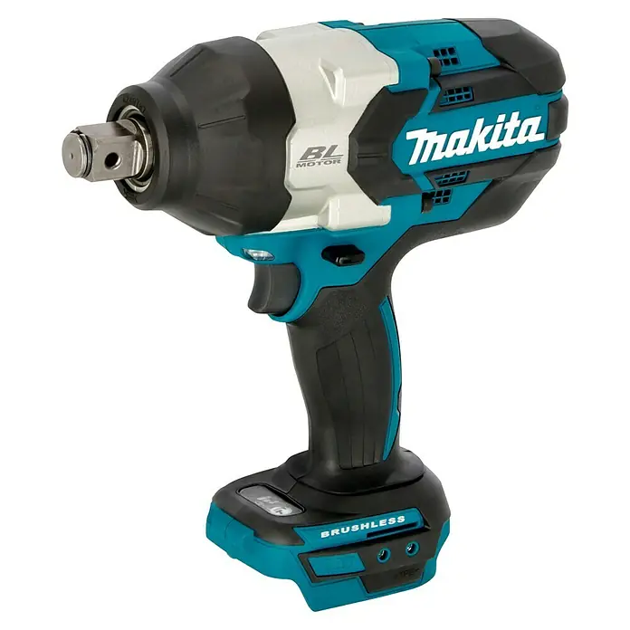 Makita LXT 18V Akku-Schlagschrauber DTW1001Z - 18 V, Ohne Akku, 1.700 Nm - Nahaufnahme eines Makita Akku-Schlagschraubers mit bürstenlosem Motor und blau-schwarzem Design.
