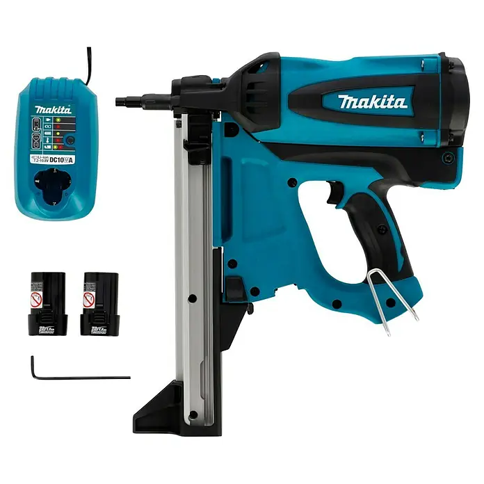 Makita Akku-Gasnagler GN420CLSE - 7,2 V, 2 Akkus, Länge Nagel: 15 mm - 40 mm - Makita DFN350Z Akku-Stauchkopfnagler mit Ladegerät und Akkus. Ideal für präzise Befestigungen im Innenausbau.