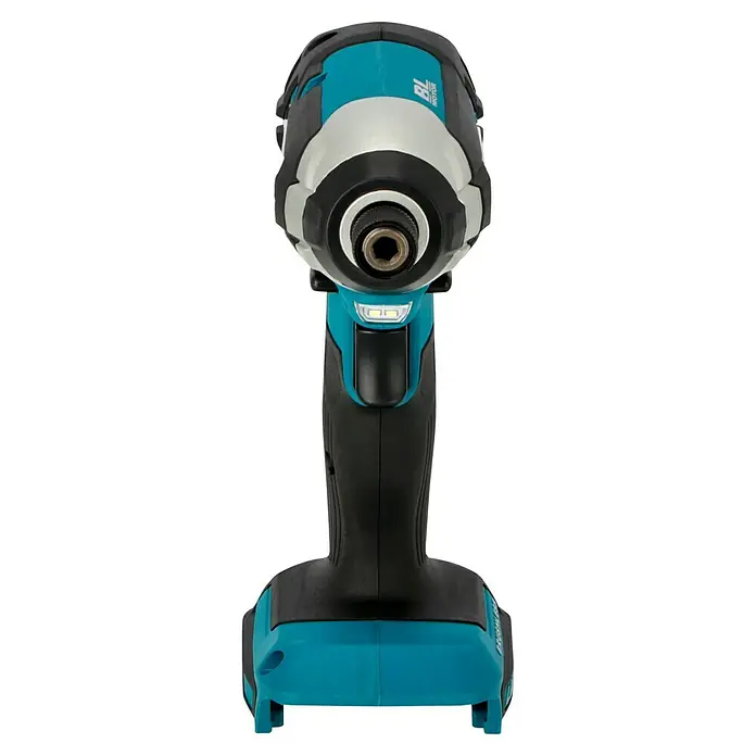 Makita LXT 18V Akku-Schlagschrauber DTD153Z - 18 V, Ohne Akku, 170 Nm - Nahaufnahme eines türkisfarbenen Makita Akku-Schlagschraubers mit schwarzem Griff und LED-Beleuchtung.