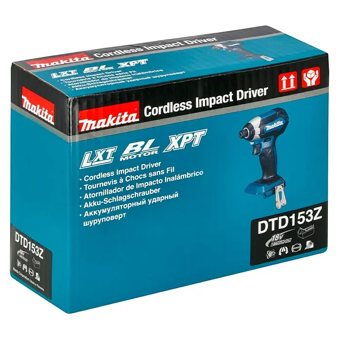 Makita LXT 18V Akku-Schlagschrauber DTD153Z - 18 V, Ohne Akku, 170 Nm - Abbildung der Verpackung eines Makita DTD153Z Akku-Schlagschraubers. Kompakt, leicht und mit bürstenlosem Motor für effiziente Leistung.