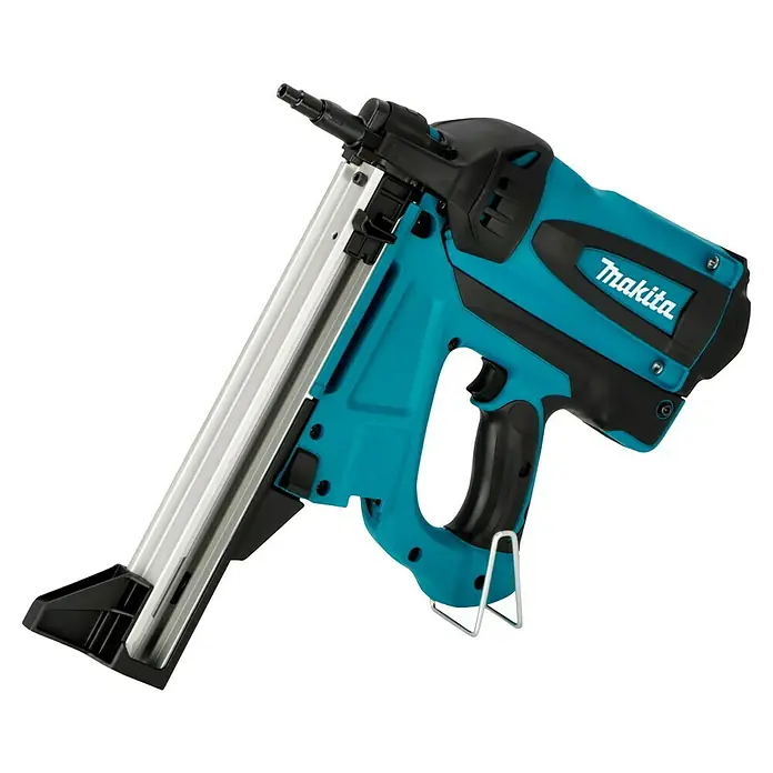 Makita Akku-Gasnagler GN420CLSE - 7,2 V, 2 Akkus, Länge Nagel: 15 mm - 40 mm - Akku-Nagelpistole von Makita in auffälligem Türkis und Schwarz, ideal für professionelle Anwendungen im Bau- und Ausbaugewerbe.