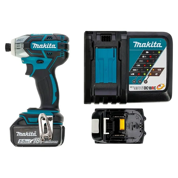 Makita LXT 18V Akku-Impulsschrauber DTS141RTJ - 18 V, 2 Akkus, 5 Ah, 40 Nm - Abbildung eines Makita Akku-Schlagschraubers mit Akku und Ladegerät. Das Set ist ideal für Heimwerker- und Profi-Projekte.