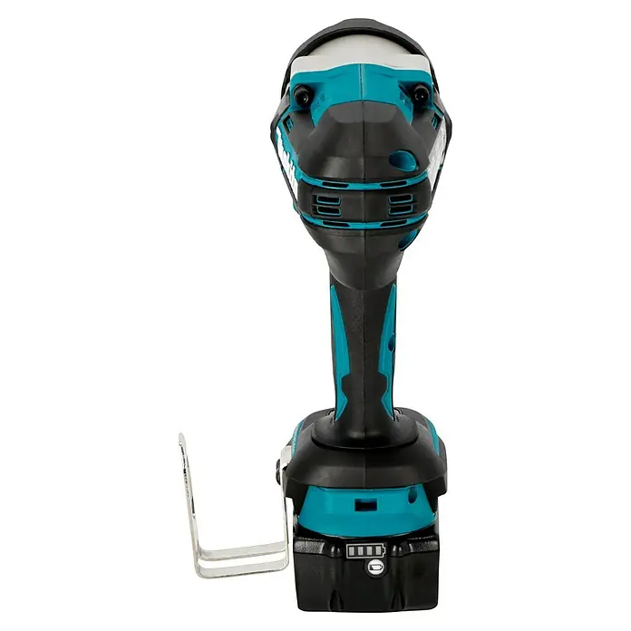 Makita LXT 18V Akku-Schlagschrauber TW1001RTJ - 18 V, 2 Akkus, 5 Ah, 1.700 Nm - Nahaufnahme eines Akku-Schlagschraubers von Makita in den Farben Türkis und Schwarz. Ideal für schwere Schraubarbeiten.
