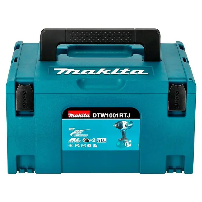 Makita LXT 18V Akku-Schlagschrauber TW1001RTJ - 18 V, 2 Akkus, 5 Ah, 1.700 Nm - Die Makita DTW1001RTJ Akku-Schlagschrauber-Kombination in einem robusten, türkisfarbenen Werkzeugkoffer für den sicheren Transport und die Aufbewahrung.