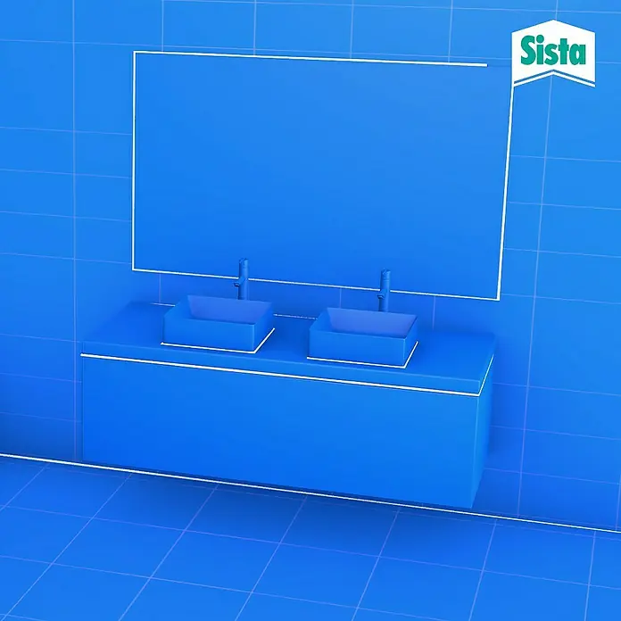 Sista Küchen-Silikon Bad & Küche - Transparent, 280 ml - Ein blaues Badezimmer mit einem Doppelwaschtisch und Spiegel, hervorgehoben durch weiße Linien und das Sista-Logo.