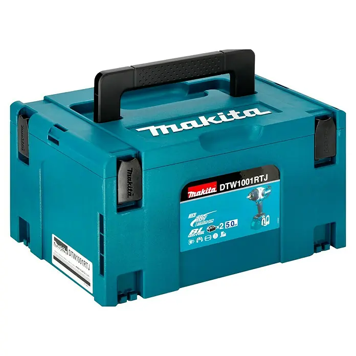 Makita LXT 18V Akku-Schlagschrauber TW1001RTJ - 18 V, 2 Akkus, 5 Ah, 1.700 Nm - Makita Werkzeugkoffer in Türkis mit schwarzem Griff, ideal für die Aufbewahrung und den Transport von Elektrowerkzeugen und Zubehör.