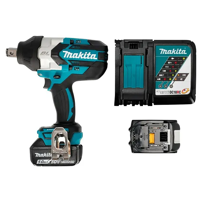 Makita LXT 18V Akku-Schlagschrauber TW1001RTJ - 18 V, 2 Akkus, 5 Ah, 1.700 Nm - Bild eines Makita Akku-Schlagschraubers mit Akku und Ladegerät.