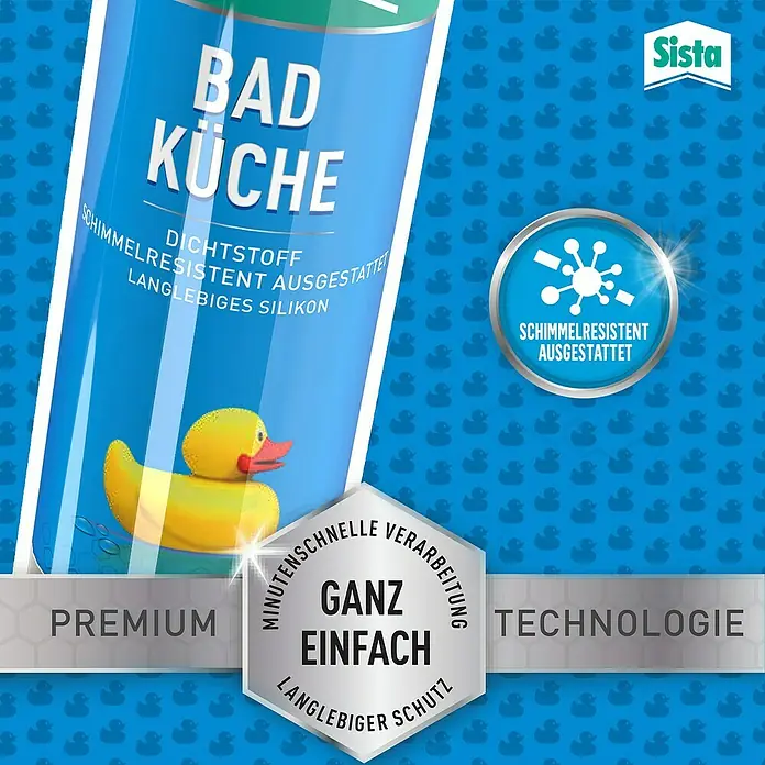 Sista Küchen-Silikon Bad & Küche - Transparent, 280 ml - Produktbild von Sista Bad & Küche Dichtstoff, schimmelresistent, mit Ente und blauem Hintergrund.