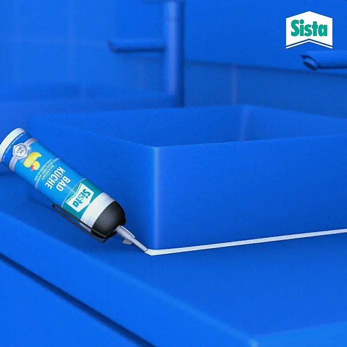 Sista Küchen-Silikon Bad & Küche - Transparent, 100 ml - Eine Kartusche Sista Silikon wird verwendet, um eine Fuge zu versiegeln, wobei der Fokus auf der Abdichtung für Bad und Küche liegt.