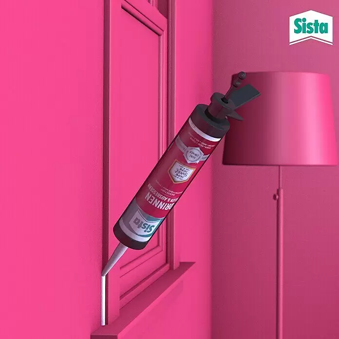 Sista Acryl-Dichtmasse Drinnen - Weiß, 280 ml - Sista Dichtstoffkartusche mit mehrfarbigem Etikett dichtet einen Spalt in einem pinken Fensterrahmen ab.