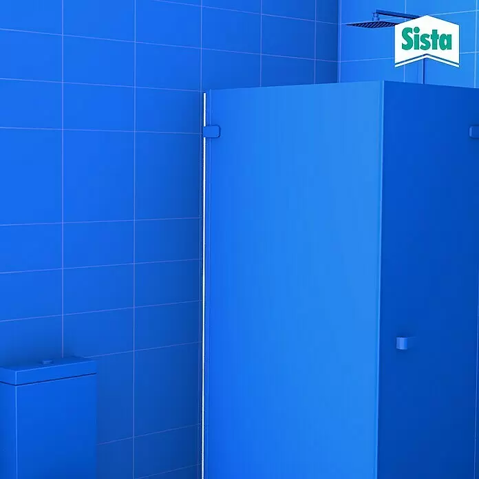 Sista Küchen-Silikon Bad & Küche - Transparent, 100 ml - Stilisiertes blaues Badezimmer mit Duschkabine, Duschkopf und Toilette. Inklusive Sista-Markenlogo.