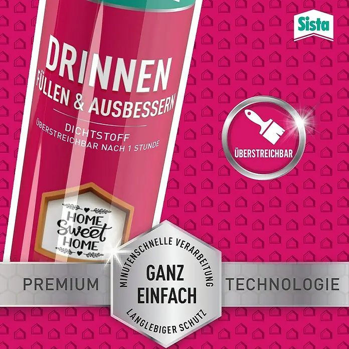 Sista Acryl-Dichtmasse Drinnen - Weiß, 280 ml - Abbildung eines Produkts von Sista: "Drinnen füllen & ausbessern", ein Dichtstoff für den Innenbereich, der nach einer Stunde überstreichbar ist.