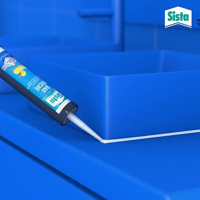 Sista Küchen-Silikon Bad & Küche - Transparent, 280 ml - Eine Tube Sista Bad & Küche Silikon wird zum Abdichten einer blauen Oberfläche verwendet.
